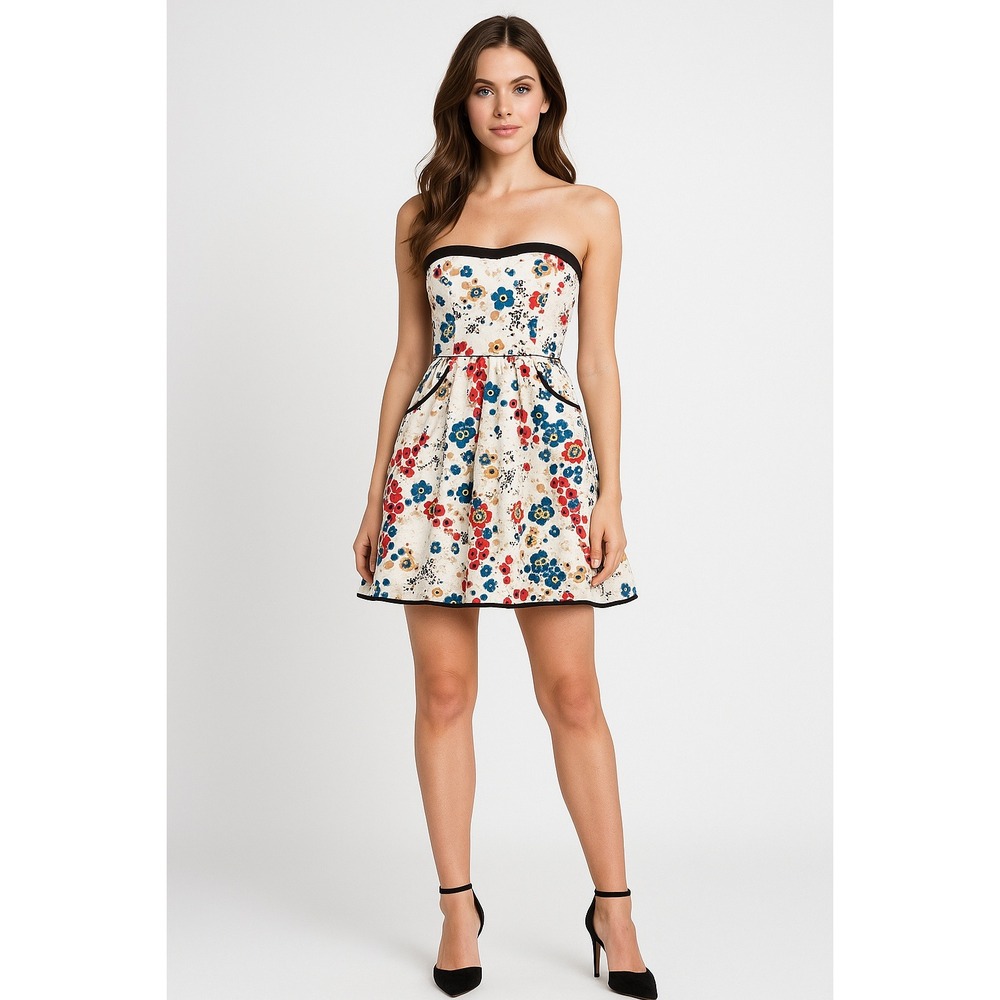 Teeze Me Dress Junior 7 White Strapless Fit Flare Floral Mini Summer Pinup Retro